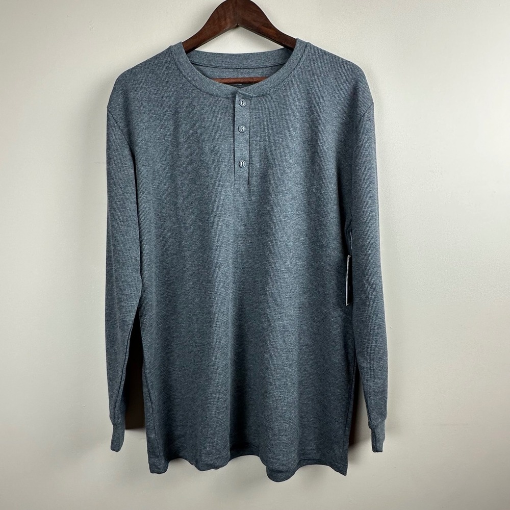 Blue Ice Men's XL Charcoal Gray Waffle Knit Henley Long Sleeve Shirt NWT